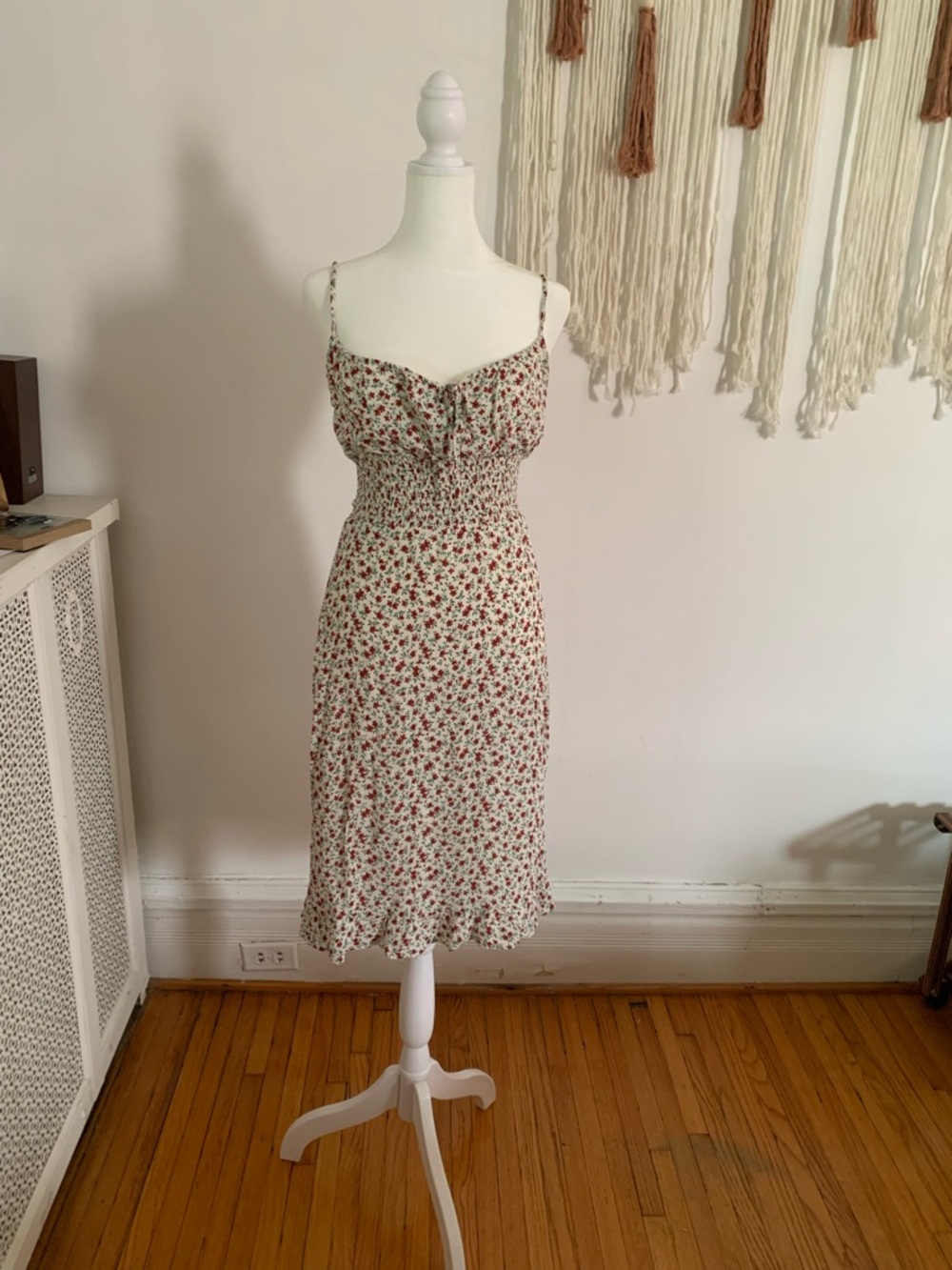 Reformation genie dress, Cream Midi Dress with Red Floral Print